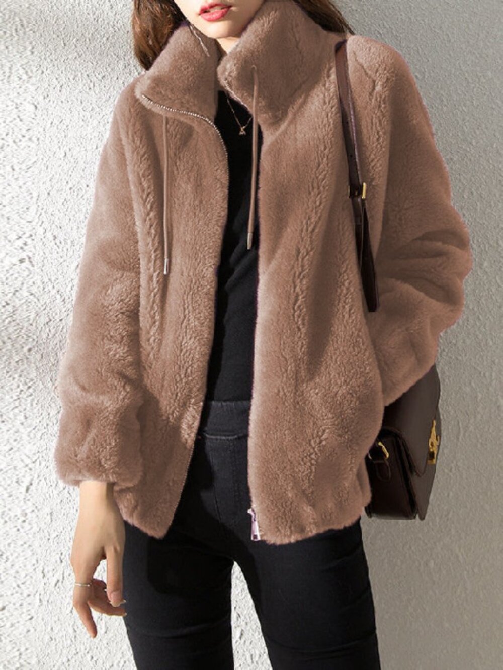 Women's Elegant Coral Fleece Zip-Up Cardigan Sweater